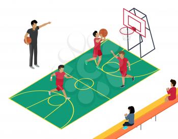 Basketball vector training with three players, one throwing ball in basket and two running around coach holding ball, whistling and pointing direction with his hand, two people sitting on bench