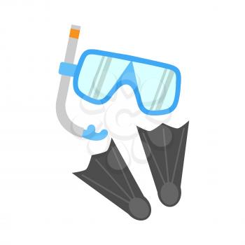 Snorkel, flippers and mask isolated on white background. Blue diving mask, snorkel and pair of grey flippers. Fins, scuba mask and tube. Diving equipment objects. Underwater swimming. Vector