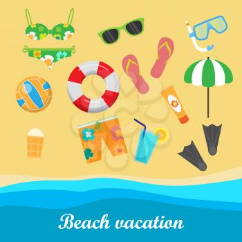 Beach vacation vector concept. Leisure on seacoast. Coastline with stuff for summer resting and entertainment on sand. For travel company ad, vacation concept, printed materials, web design