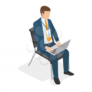 Businessman sitting on chair with laptop and typing isolated on white. Vector illustration of work process. Male cartoon faceless character business coaching concept in flat design cartoon style
