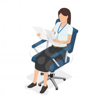 Dark-haired woman sitting in blue chair, holding and looking on two paper on white background. Female with badge dressed in white T-shirt and black midi skirt vector illustration in cartoon style.