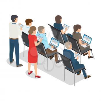 Group of people with laptop and plane table on business coaching in vector illustration. Most businesspeople sitting and some standing and holding tablet computer. Humans isolated on white background.