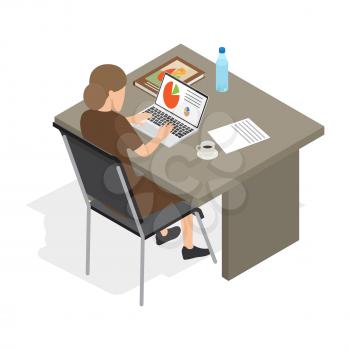 Businesswoman in strict brown dress works at table on which laptop with diagrams, book on business, documents and cup of coffee on white background. Isolated vector illustration of work process.
