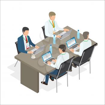 Four office employees sit at one square table, on which there are three bottles of water and cup of coffee, and work at laptops isolated on white background. Vector illustration of teamwork process.