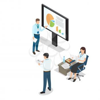 Business people daily working moments on white background. Man standing and pointing to chart on monitor, woman sitting and looking at paper, another man outlines performance vector illustration