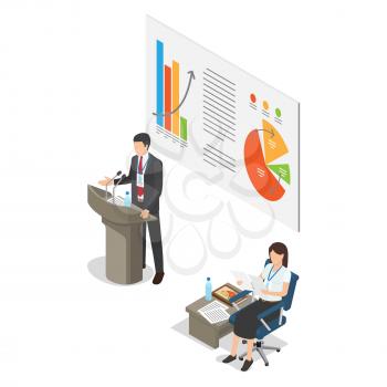 Lecture on business coaching on white background. Vector illustration of manager in business suit standing behind podium, woman sitting and looking at papers. Placard with chart hanging on wall.