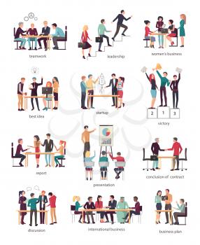 Vector illustration of teamwork leadership, women s business, best idea, startup, victory, report presentation with chart, conclusion of contract, discussion, international business, business plan.