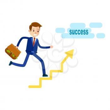 Manager running upstairs to success with briefcase isolated on white. Man in blue suit with red tie hold going to reach money very quickly vector illustration in cartoon style flat design