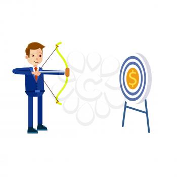 Cartoon businessman in blue suit and red tie hits target in form of dollar with bow and arrow isolated on white background. Symbolic vector illustration about how businessman easily achieves money.