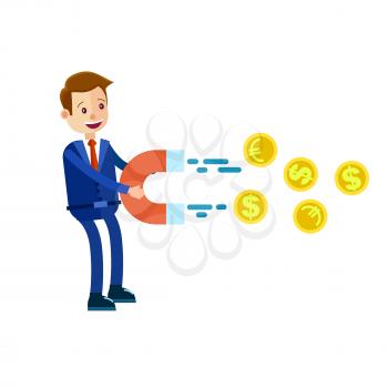 Cartoon businessman in blue suit and red tie attracts coins with magnet on white background. Symbolic vector illustration about how businessman easily achieves money. Success metaphorical picture.