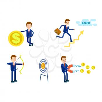 Cartoon businessman in blue suit and red tie in different positions with bag full of money, dollar icon, hit target and with magnet isolated on white background. Vector illustration of careerist.