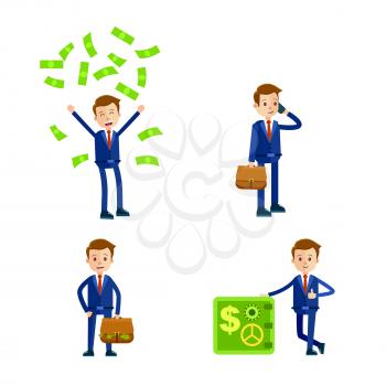 Cartoon businessman in blue suit and red tie in four different positions with money, phone briefcase and safe isolated on white background. Vector illustration on theme how easily earn money.