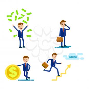 Lifestyle of successful Businessman on white background. Vector illustration of man with gold coin, green money falling on person, male holding phone and bag, businessman ascending to success.