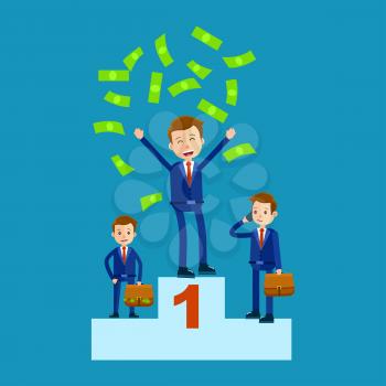 Managers on top places with money rain isolated on blue. Green money falling on manager in first place, other two men standing with brown bags full of money vector illustration in cartoon style.