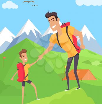 Boy climbing with his father in mountains. Teenager with bag holds his daddy hand. Fatherhood concept. Tent on the lawn snowy hills on background. Summer activities vector illustration in flat