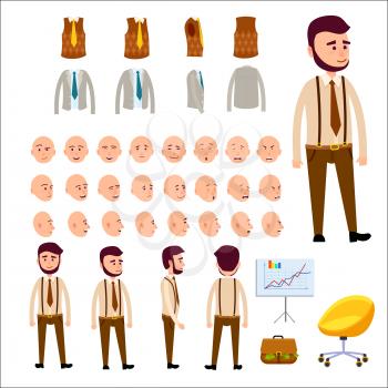 Male character constructor set includes emotional faces, hipster clothes, jacket and vest, briefcase full of money, chart on stand and bright office chair. Vector illustration of human model.