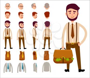 Businessman with briefcase full of money on white background. Constructor includes spare heads of redhead and grey men and clothes, vest and jacket with tie. Cartoon character vector illustration.