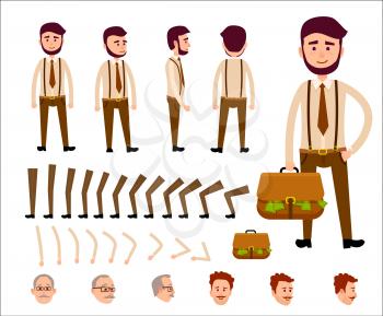 Cartoon man constructor includes legs, hands, original head, red head with mustaches and old man head in glasses and separate briefcase. Vector illustration of businessman with bag full of money.