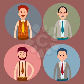 Men character four round colorful icons collection. Vector poster of circles with isolated male people with ties and in shirts portraits in circles with blue, pink, green and grey backgrounds.