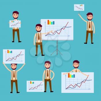 Business concept with man holding posters with diagrams. Vector colorful illustration with azure background of male employee presenting company progress using rising charts with some indications.