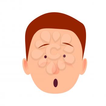 Bug-eyed man-child with open mouth flat design on white background. Surprised boy face close-up portrait. Vector illustration of character and face emotions in cartoon style hand drawn pattern.