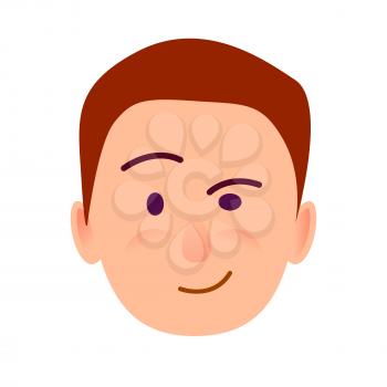Brunette boy with distrustful look flat art icon on white background. Leer face of male. Conceived the idea. Vector illustration of character and face emotions in cartoon style hand drawn pattern.