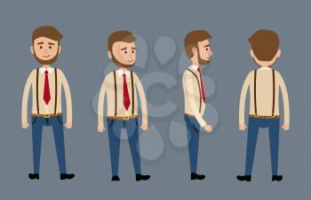 Cartoon male bearded character in jeans with suspenders, red tie and shirt isolated on dark blue background. Man stands in full face, in profile, by half and back. Vector illustration of human model.