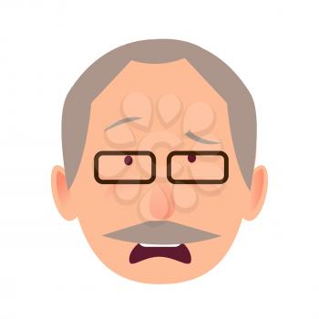 Sorrowful face emotion on elderly man in black-rimmed glasses with opened mouth close-up portrait on white. Dumpish and lamentable face in surprise. Vector illustration of character and face emotion