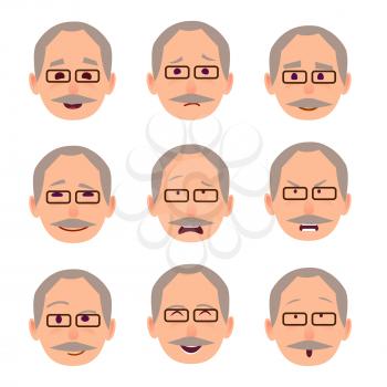 Old men face emotions collection on white. Vector banner of cheerful pensioner with grey hair and moustache, wearing dark rectangular glasses and showing happiness and sadness, or with angry face