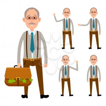 Elderly close up person holding bag with money and his four full length portraits with waving hands. Vector colorful poster with white background of man small icon collection and big picture