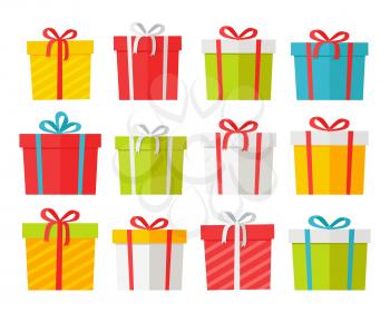 Colourful Christmas boxes set isolated on white. Vector illustration of presents decorated by thin ribbons and beautiful bows. Gifts for celebration weddings, birthday parties, Christmas holidays