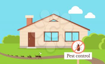 Pest control concept with cockroach leaving house. Vector illustration in flat style of isolated residential building and path near with line of cockroaches going away and warning round sign