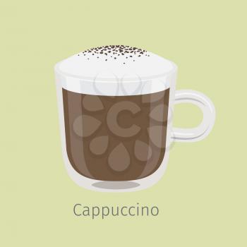 Glass mug of aromatic cappuccino flat vector. Hot invigorating drink with caffeine. Coffee with frothing milk and chocolate sprinkle on creamy foam illustration for coffee house or cafe menus design