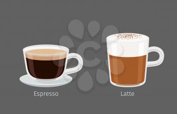 Coffee cups with Latte and Espresso on grey background with name text under each cup. Kinds of Italian coffee. Minimalist isolated vector illustration of hot drinks for coffee shops and cafes.