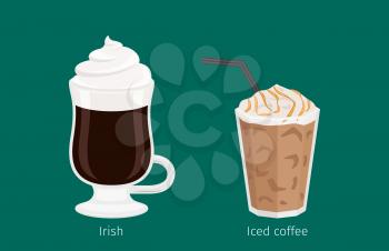 Irish and Iced coffee with foam and tubule in glass cups on emerald background with signs under each. Kinds of Irish coffee. Minimalist isolated vector illustration for coffee shops and cafes.