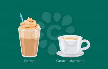 Porcelain cup on saucer with caramel macchiato flat vector. Sweet invigorating drink with caffeine. Tasty frappe with milk and nasty additives illustration for coffee house and cafe menus design 