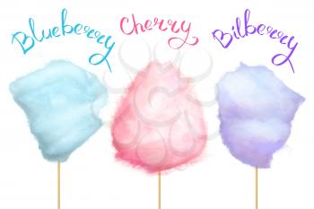 Blueberry, cherry and bilberry cotton candy of blue, pink and purple colors isolated on white background with signs. Summer snack in parks. Delicious and sweet street food vector illustration.