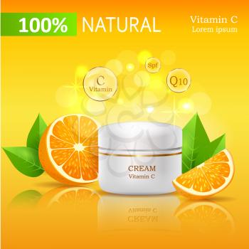 Natural cream with Vitamin C, SPF and Q10. Cream bank beside oranges with leaves on yellow background with text. Advertisement of natural organic cosmetics. Means for skin care vector illustration.