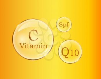 C and Q10 vitamins, Spf round signs vector poster on yellow background. Nutrition healthy emblems concept. Power of vitamin C and Q10, use of Spf. Chemical formulas of vitamins in flat design
