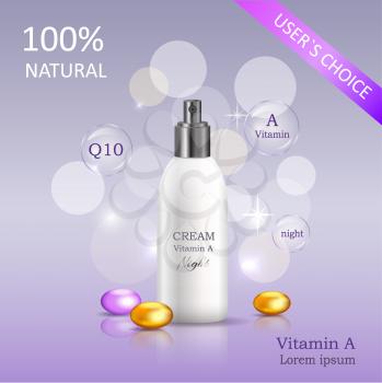 Natural night cream enriched vitamins in glossy tube near golden pebble vector banner. Users choice cosmetic skincare product illustration on gradient background with sparkles and bokeh lights
