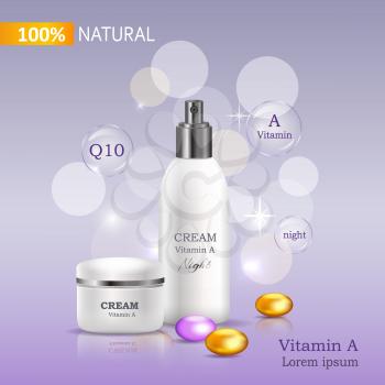 Natural night cream with Vitamin A and Q10. Cream bank and Spray beside colored stones on purple background with signs. Advertisement of natural cosmetical tools. Means for skin care vector illustration.
