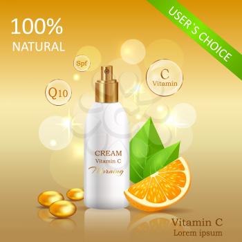 Natural cream with Vitamins users choice. Cream bank beside oranges with leaves on yellow background with text. Advertisement of natural organic cosmetics. Means for skin care vector illustration.