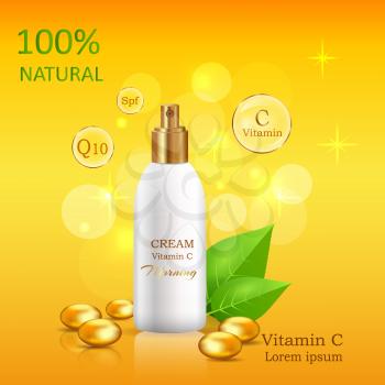 Natural cream enriched vitamins in glossy tube near fresh green leaves and gold pebble vector banner. Cosmetic skincare product illustration on gradient background with sparkles and bokeh lights
