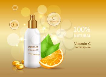 Vitamin C natural cream with sun protective factor coenzyme energizer. Cream bank beside oranges with leaves. Advertisement of natural organic cosmetics. Means for skin care vector illustration.