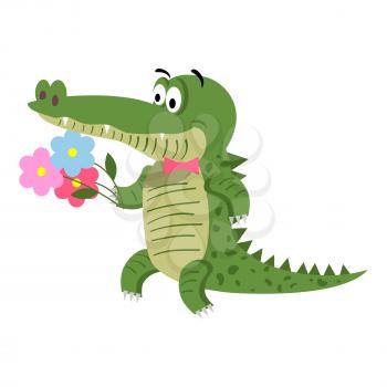 Cartoon crocodile with flowers isolated on white background. Cute big reptile with pink bow and bouquet vector illustration. Drawn friendly croc going to make present at the party in flat style