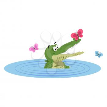 Cartoon crocodile swimming in lake with butterfly on nose isolated on white background. Cute big reptile in swimming pool vector illustration. Drawn friendly croc with colorful butterflies