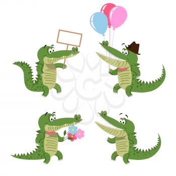Crocodiles set isolated on white. Cartoon character with empty signboard, air balloons, with flowers in cute bow, and with wide opened mouth. Big reptiles vector illustration of friendly crocs