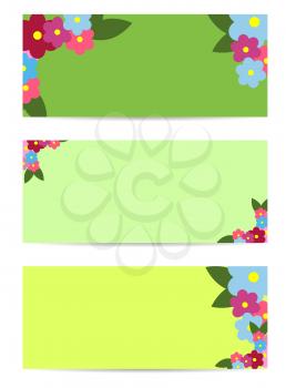 Three posters with colorful flowers and green leaves in flat style. Garden plants advertisement post cards. Vector illustration for infographic, website or app. Spring bouquet with place for your text
