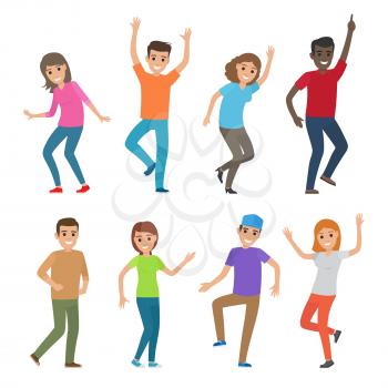 People smile and stand in different dance positions. Young male and female cartoon characters in bright clothes make some moves. Vector illustration of disco time. Party people icons in motion.