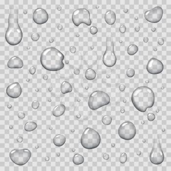 Drops of water on transparent background macro icon. Realistic set of pure clear aqua pieces of different shapes. Vector illustration environment concept, rain droplets cartoon style graphic pattern.